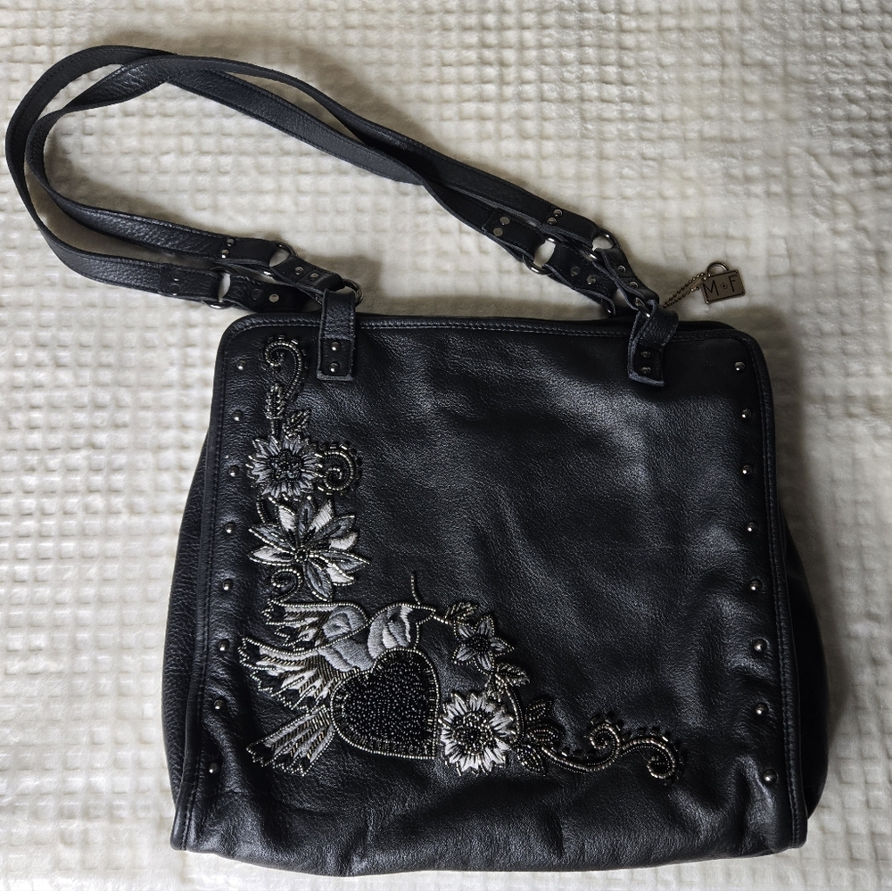 Mary Frances Black Leather Bird And Heart Purse